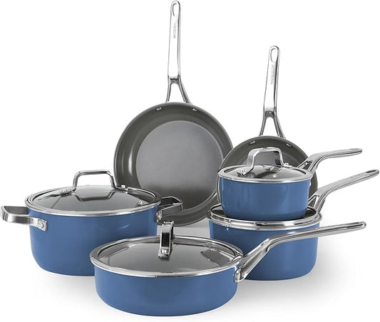 10-Piece Ceramic Nonstick Cookware Set with Lids - PFAS/PTFE/PFOA-Free, Interior & Exterior Ceramic Coating -Easy to Clean- Kitchen Storage-All Stovetop Compatible & Oven-Safe up to 480°F