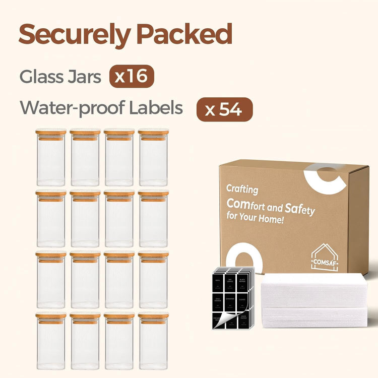 Glass Spice Jars with Labels 8 oz 16 Pack Square Bamboo Lids (16 Count)