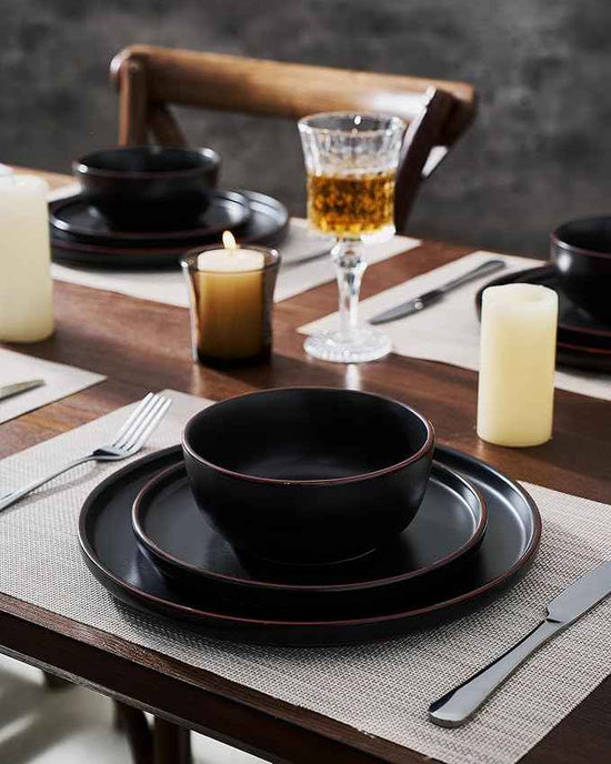 Famiware Mercury Plates and Bowls Sets, 12 Pieces Stoneware Dinnerware Sets, Dishes Set for 4, Microwave and Dishwasher Safe, Black