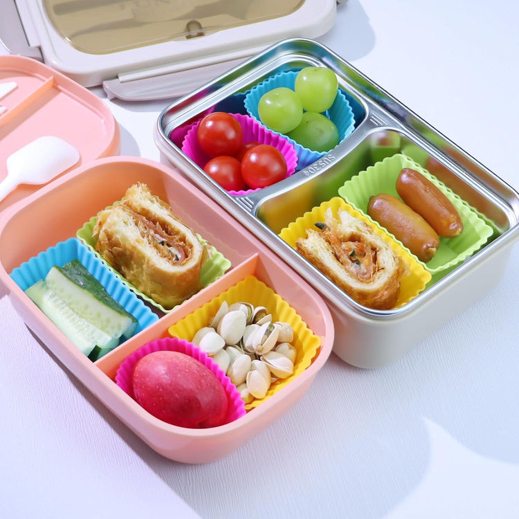 24Pack Silicone Muffin Cups, Reusable Cupcake Liners Molds for Baking, 3 Shapes Lunch Box Bento Dividers-Round, Square, and Rectangular (Colorsful, Large Size)