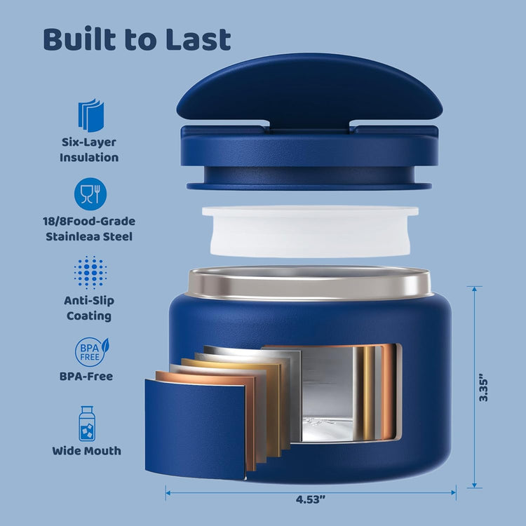 14.5oz Soup Thermo for Hot Food Kids Vacuum Insulated Food Jar Twist-Free Soup Thermo for Hot Food Kids Leakproof Stainless Steel Wide Mouth Lunch Container, Blue