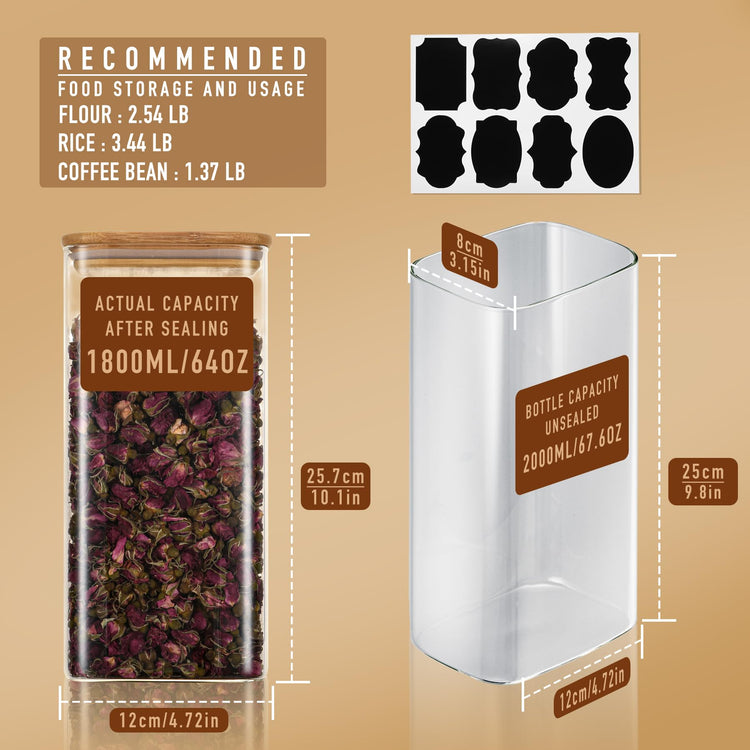 64oz Rectangle Airtight Glass Storage Containers with Bamboo Lids (4 Count)
