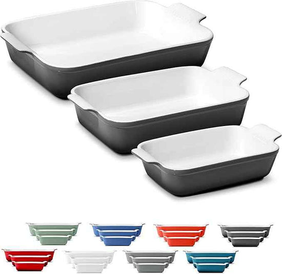 Stoneware Casserole Dish Bakeware Set of 3 | Rectangular Dinnerware Set with Handles [Oyster Grey]
