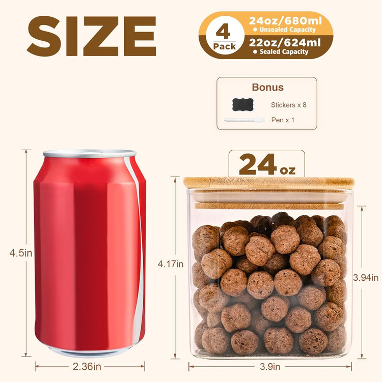 Glass Food Storage Jars Square 24oz, 4 Pack Glass Jars With Bamboo Lids, Kitchen Storage Containers For Spice, Candy, Cookie, Storage For Pantry Organizers