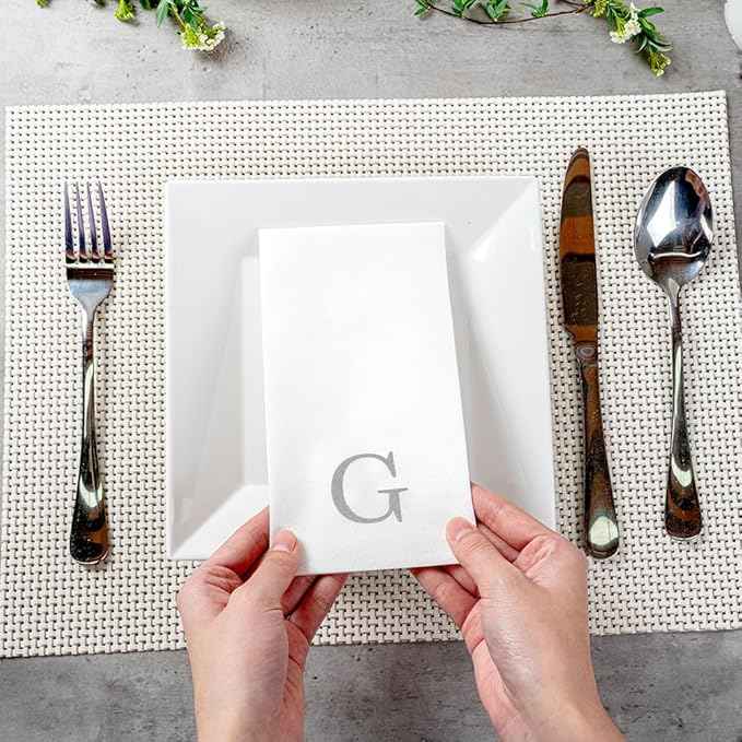 Luxenap 15.8 X 7.9 Inch Linen-Feel Guest Towels, 2000 Lettered Hand Towels - Silver Letter 'G', Sans Serif Font, White Paper Dinner Napkins, airlaid, For Restrooms And Tables - Restaurantware