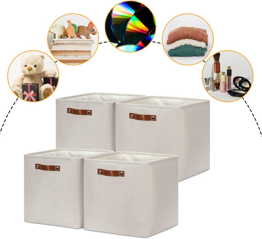 DULLEMELO Storage Bins, 4 Pack Of 13x13x13 Decorative Storage Cube Bins Suit Office, Home, Shelves And Closet, Cube Storage Bin with Leather handle(4 Pack - 13" Beige)