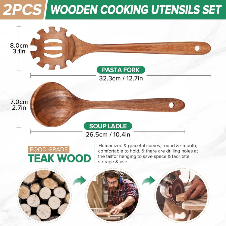 Wooden Spoons for Cooking,2 Pcs Wooden Utensil Set of Soup Ladle &Spaghetti Pasta Spoon with Teeth, Teak Wood Soup Ladle&Slotted Pasta Fork Strainer Spoon Set for Serving Collecting Noodle Gravy Sauce