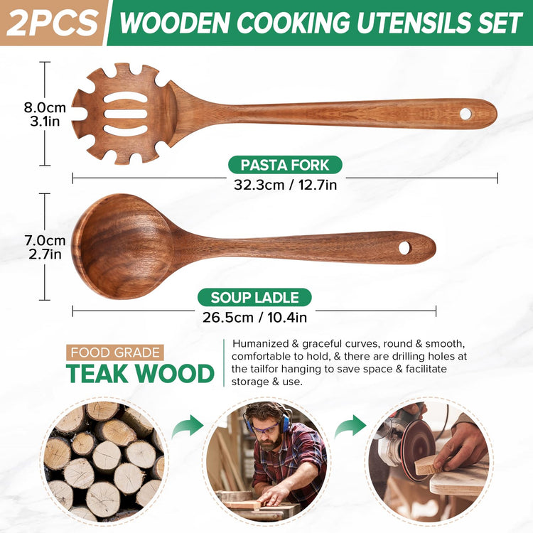 Wooden Soup Ladle Spoon & Spaghetti Pasta Spoons Utensil Set of 2 (2 Count)
