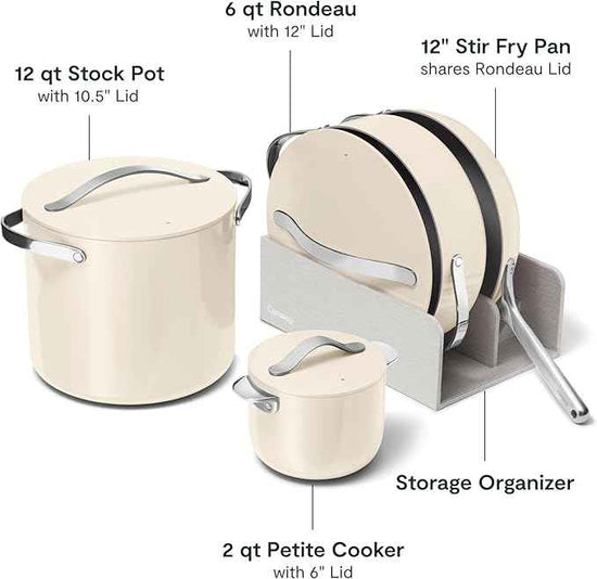 Caraway 24-Piece Nonstick Ceramic Cookware Set - Includes Fry Pans, Sauce, Sauté Pan, Dutch Oven, Petite Cooker, Stir Fry, Rondeau, Stock Pot, Lids & Storage Organizers - Cream
