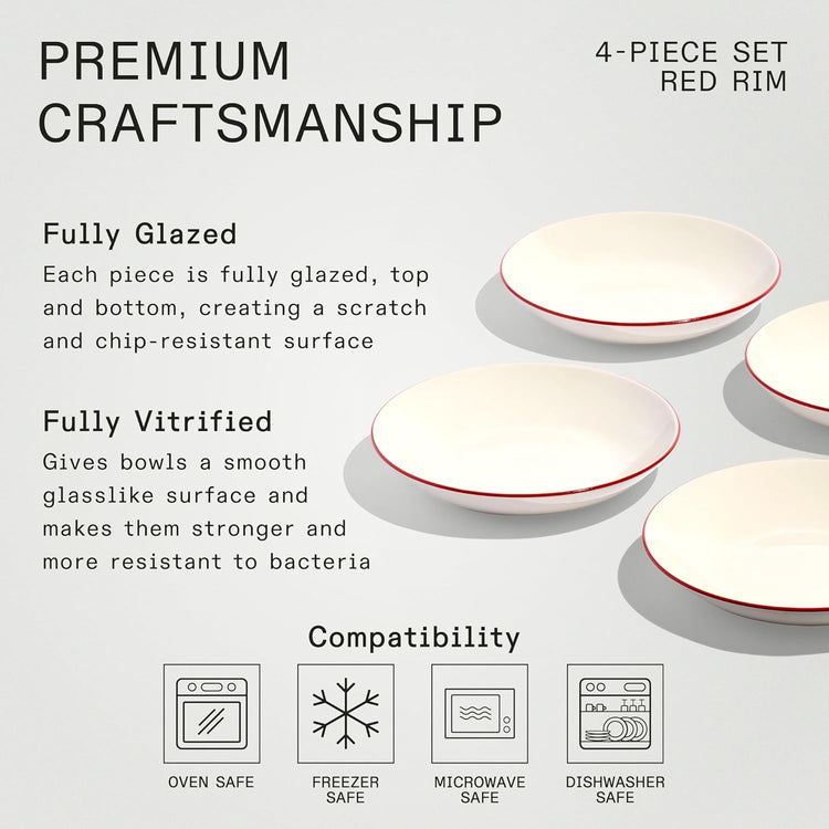Made In Cookware - Set of 4 - Entrée Bowls - White With Red Rim - Porcelain - Crafted in England