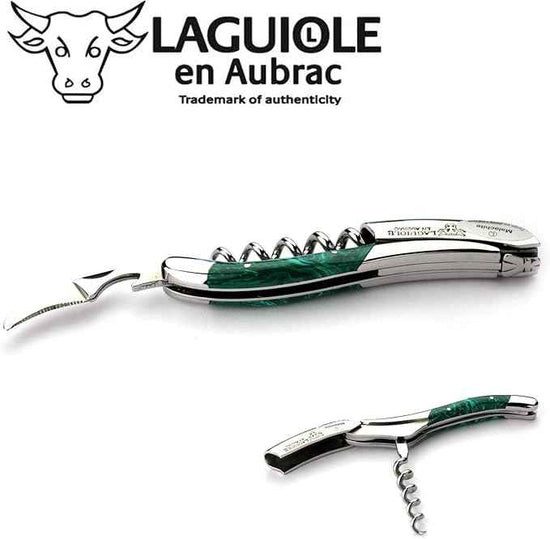 Laguiole en Aubrac corkscrew sommelier waiters knife 3 functions SOM99PMI malachite handle, stainless steel shiny