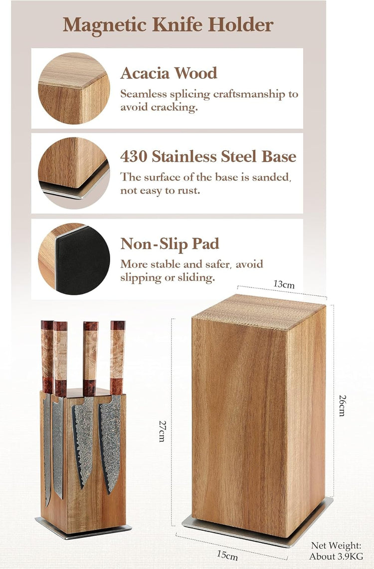 HEZHEN Magnetic Rotating Knife Holder without Knives, Acacia Wood, 360° Knife Block for Kitchen Counter, Space-saving and Larger Capacity Knife Storage, Strong Enhanced Magnets Strip