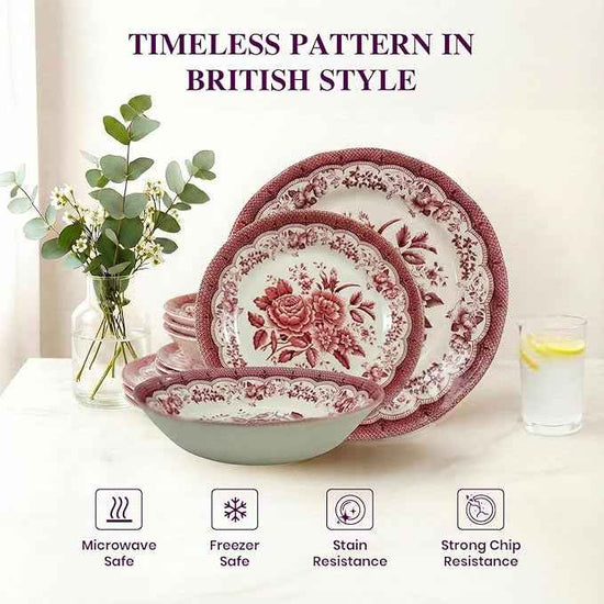 Tudor Royal 12-Piece Round Porcelain Dinnerware Set, Service for 4 - Victoria RED Design, Red Floral, Plates Bowls Dishes, Premium Quality Tableware, Unique Pattern, Glossy