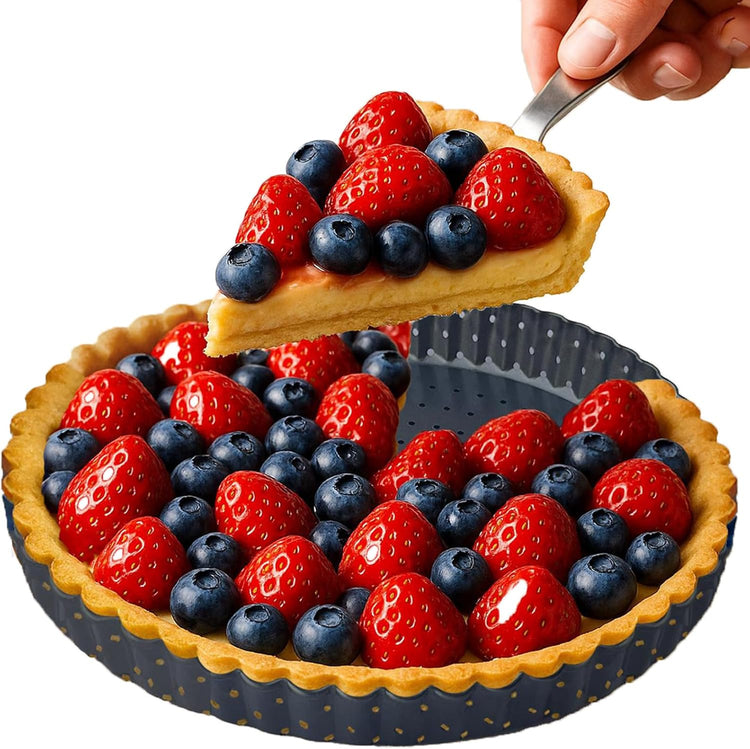 9 Inch Perforated Tart Pan for Crispy Crust w/Pie Cake Server. Removable Bottom, Non-Stick Coating, Rugged Carbon Steel for Tart Quiche Baking. Gift for Women Christmas Thanksgiving Party