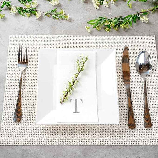 Luxenap 15.8 X 7.9 Inch Linen-Feel Guest Towels, 50 Lettered Hand Towels - Silver Letter 'T', Sans Serif Font, White Paper Dinner Napkins, airlaid, For Restrooms And Tables - Restaurantware