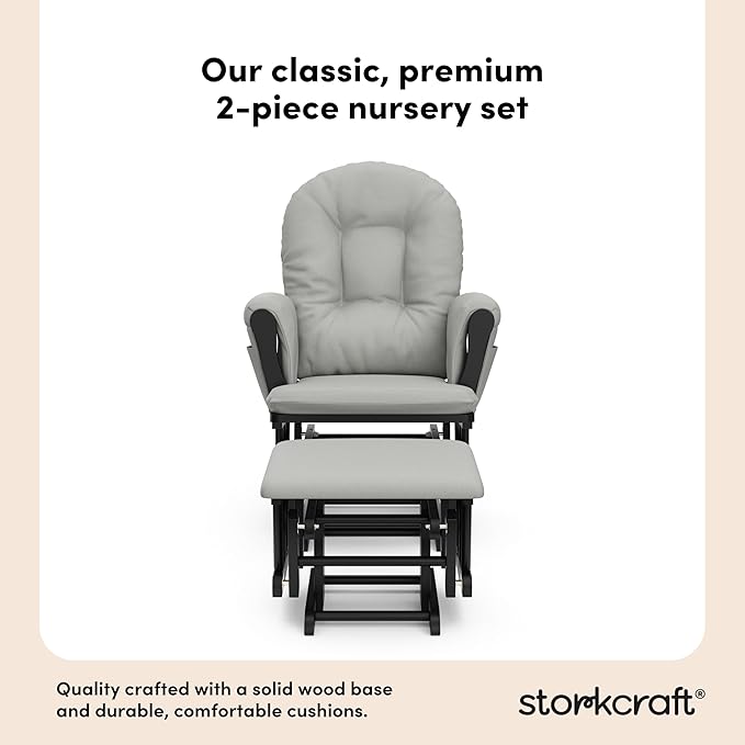 Storkcraft Premium Hoop Glider & Ottoman (Black with Light Gray) — GREENGUARD Gold Certified, Wood Craftsmanship, Convenient Storage Pockets, Smooth-Gliding Chair for Nursery, Multi-Award-Winning