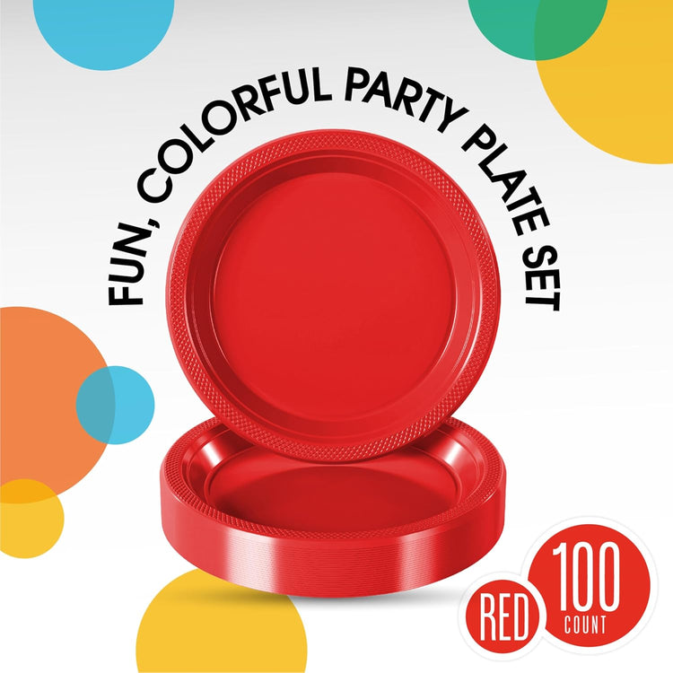Exquisite Party Solids Red Plastic Plates For Party 7" Red Disposable Plates Heavy Duty Supplies 100 Pcs Plastic Dinnerware Sets Heavy Duty 350 GSM Disposable Dinnerware Set