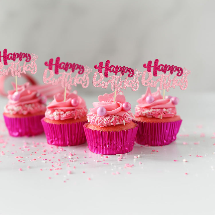 24Pcs Happy Birthday Cupcake Toppers Double Layer Glitter Happy Birthday Cake Decorations for Celebrating Baby Shower Theme Kids Boys Girls Birthday Anniversary Party Supplies Rose Red Pink (24 Count)