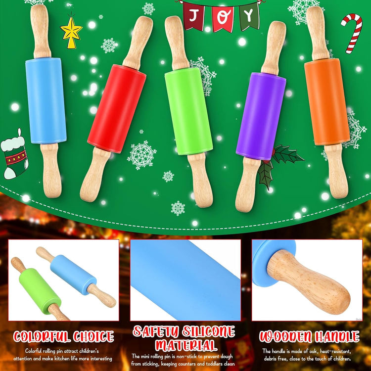 20 Pcs Small Rolling Pin Kids 9 Inch Mini Rolling Pin Silicone Wooden Cooking Pins Baking 5 Colors Non Stick Kids with Wooden Handle for Kitchen Dough Cookie Pastry Fondant Cake