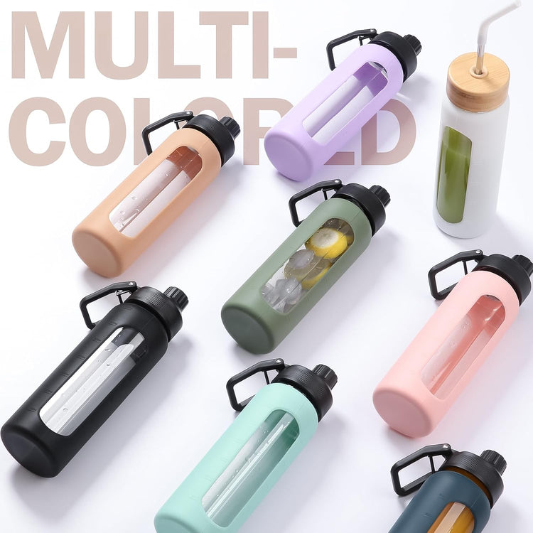 32oz Glass Water Bottle with Straw and 2 Lids- Bamboo Straw and Spout Lid with Phone Holder for Gym, Glass Drinking Bottles with Silicone Sleeve and Motivational Time Marker, Mint Green