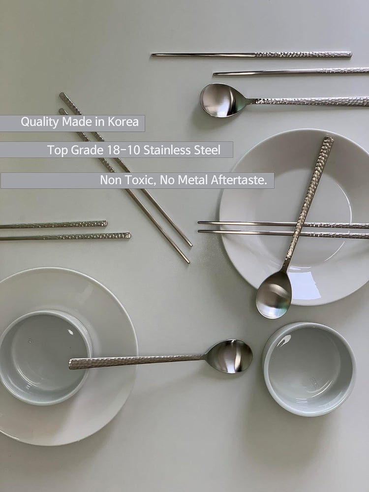 Korean Made Silver Glossy Hammered Stainless Steel Korean Spoon & Chopstick SET Gift for Mom (4SET)