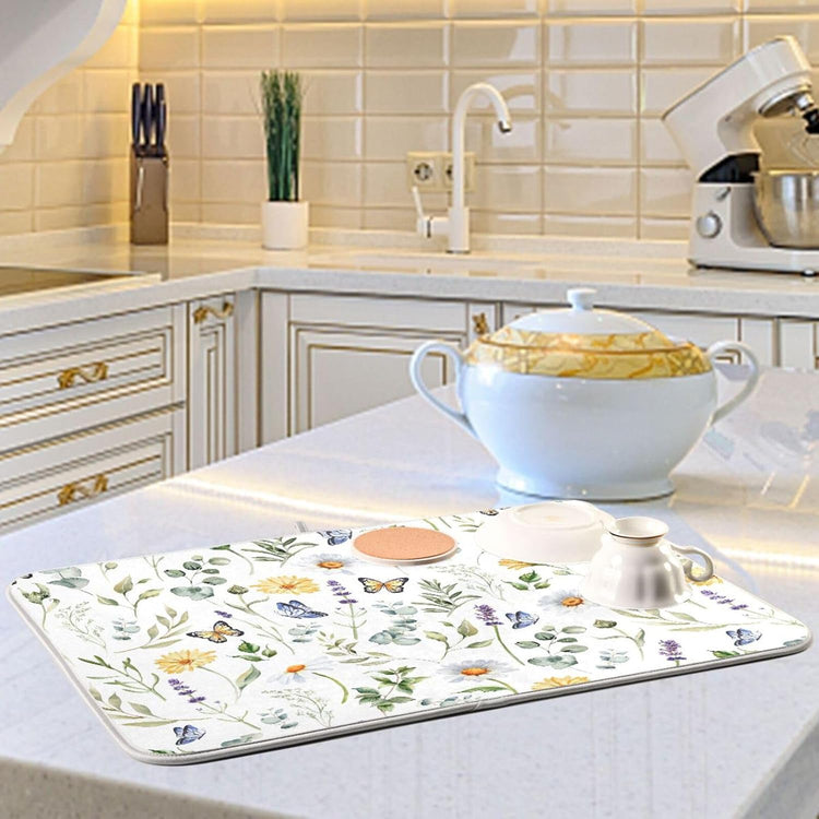 Wildflowers Butterflies Botanical Leaves Dish Drying Mat for Kitchen Counter Absorbent Microfiber Drying Pad, Medium 16x18 in, Reversible Drainer Mats