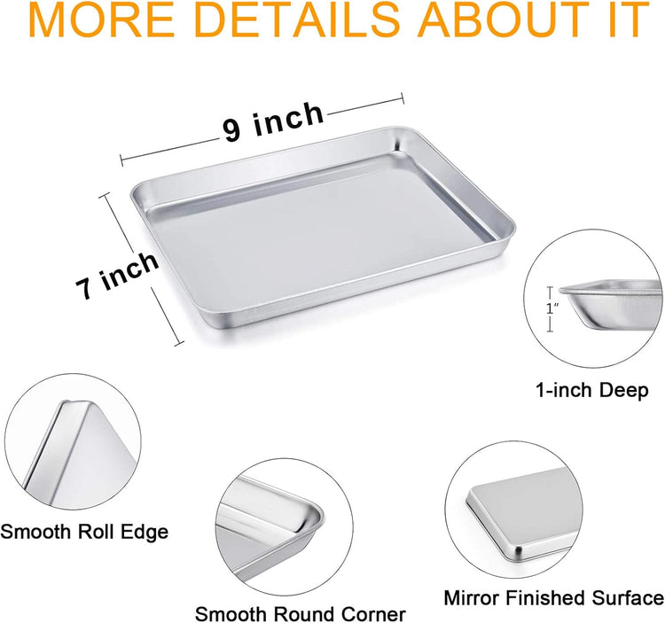 TeamFar 9'' x 7'' x 1'' Toaster Oven Pan with Rack Set of 4, Stainless Steel Compact Toaster Ovenware Pan with Cooling Rack, Healthy & Heavy Duty, Easy Clean & Dishwasher Safe, (2 Pans + 2 Racks)