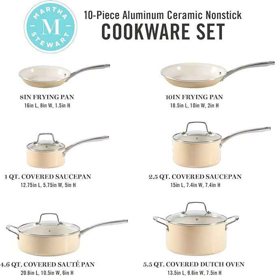 Martha Stewart Lockton Premium Nonstick PFA Free Ceramic Interior 10 Piece Enamel Heavy Gauge Aluminum Pots and Pans Cookware Set - Butter Cream