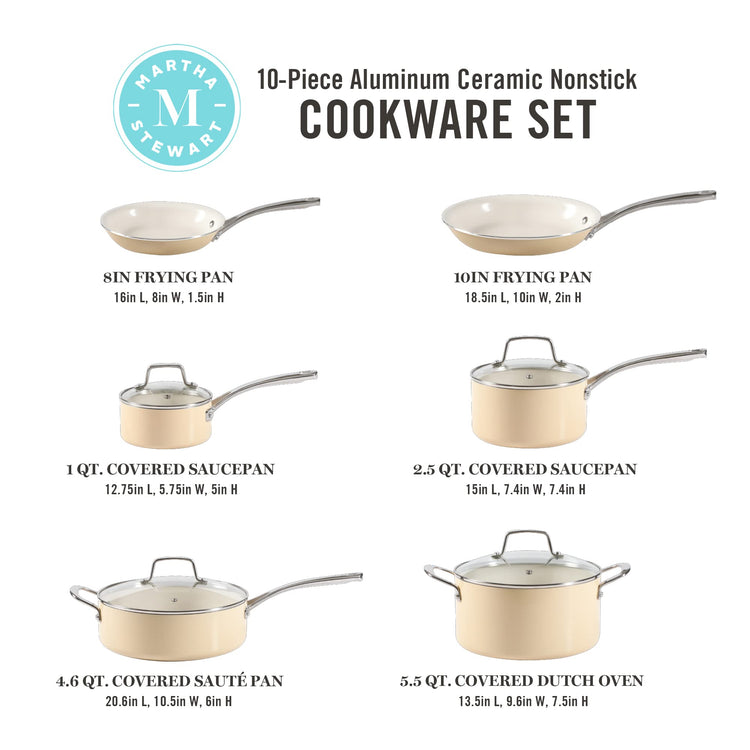 Lockton Premium Nonstick PFA Free Ceramic Interior 10 Piece Enamel Heavy Gauge Aluminum Pots and Pans Cookware Set