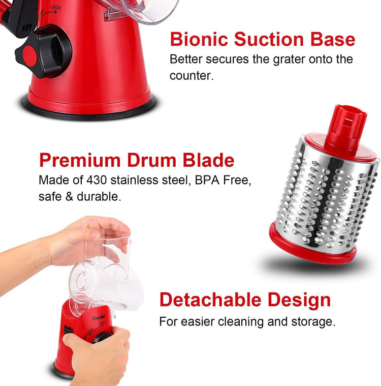Geedel Rotary Cheese Grater, Kitchen Mandoline Vegetable Slicer with 2 Interchangeable Blades, Easy to Clean Rotary Grater Slicer for Fruit, Vegetables, Nuts