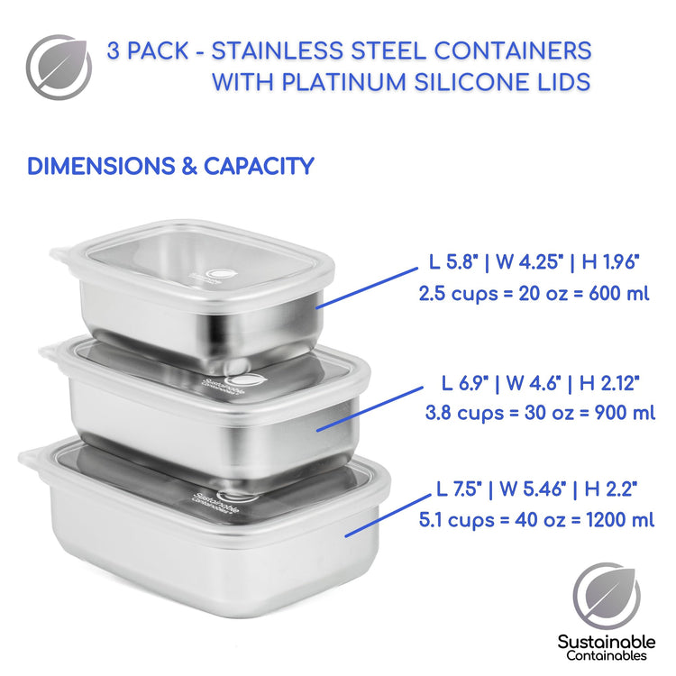 Stainless Steel Food Storage Containers with Clear Platinum Silicone Lids (3 Count)