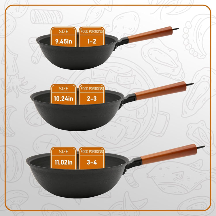 Nonstick Frying Wok Pan Hybrid, 11 Inch Preseasoned Deep Stir Fry Pan Skillet with Glass Lid, Traditional Chinese Cast Iron Wok, No Coated Saucepan for Induction, Electric, Gas, Grill Stoves