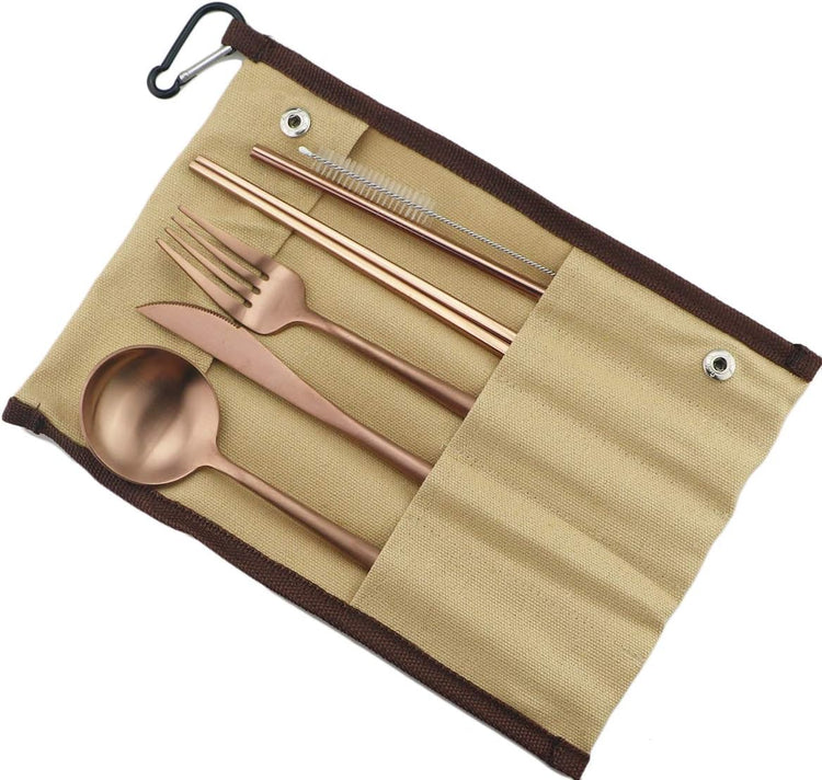Gugrida Reusable Travel Utensils, 7 Piece Portable 304 Stainless Steel including Knife Fork Spoon Chopsticks Cleaning Brush Straws Portable Pouch, Eco-friendly Camping Silverware Set, Dishwasher Safe