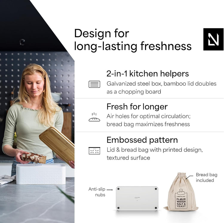 LARS NYSØM Bread Box I Metal Box with linen bag for long lasting freshness I Bread Bin with bamboo lid usable as cutting board I 13.4x7.3x5.3In (Pure White)