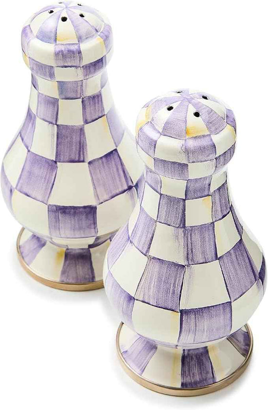 MACKENZIE-CHILDS Enamel Salt and Pepper Shakers, Kitchen Table Accessories, Large, Purple-and-White Violet Check
