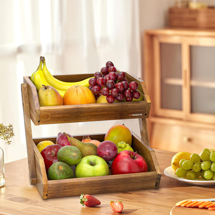 2 Tier Acacia Wood Fruit Basket for Kitchen