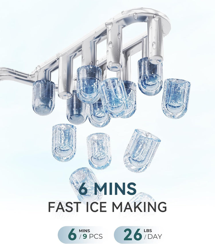 ecozy Portable Ice Maker Countertop, 9 Cubes Ready in 6 Mins, 26lbs in 24Hrs, Self-Cleaning Ice Machine with Handle/Ice Bags/Ice Scoop/Ice Basket, 2 Sizes Bullet Ice for Home Kitchen Office Bar Party