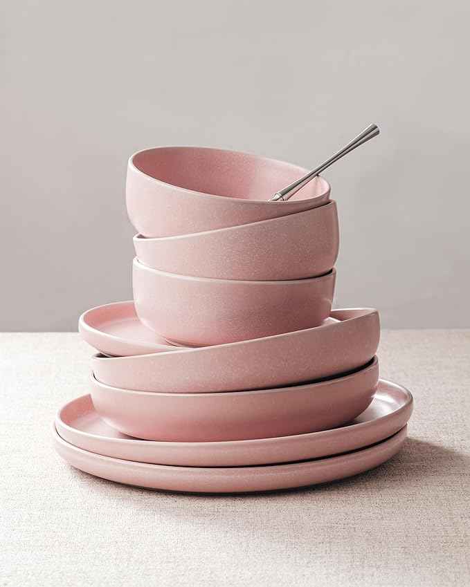 Famiware Milkyway Plates and Bowls Sets, 12 Pieces Dinnerware Sets, Reactive Glaze Dish Set, Stoneware Dishes Set for 4, Light Pink