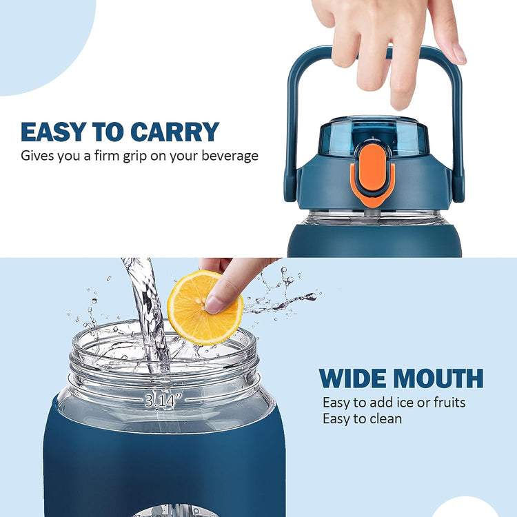 kytffu 56oz Glass Water Bottles with Straw, Motivational Glass Bottle with Silicone Sleeve and Time Marker, Leakproof Large Glass Water Jug for Gym Home Office,Blue