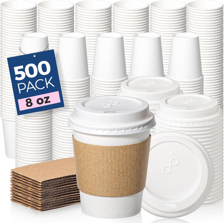 Fit Meal Prep 500 Pack 8 oz Disposable Coffee Cups with Lids, Sleeves, Leak-Proof To Go Coffee Cups with Lids, Durable Hot Paper Cups for Home, Office, Party, Business
