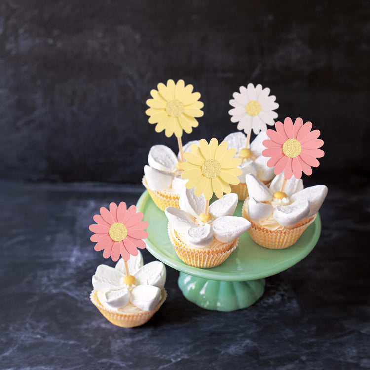 24Pcs Daisy Cupcake Toppers Glitter Flower Daisy Cake Decorations Chrysanthemum Cupcake Toppers Spring Daisy Flower Cake Picks for Birthday Wedding Supplies Multi 2 (24 Count)