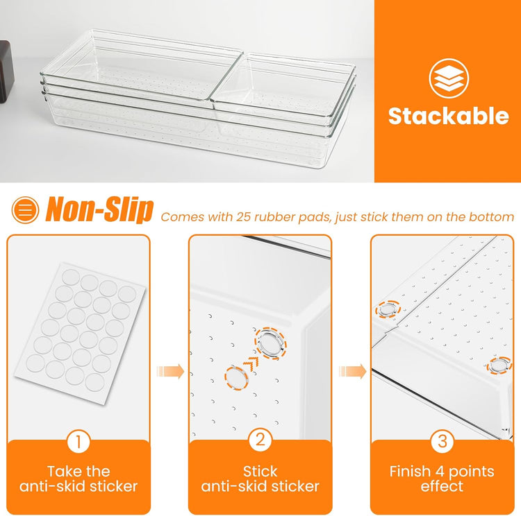 12 Pack Clear Plastic Drawer Organizer Set, Acrylic Non Slip Non Cracking Kitchen Drawer Storage Tray Large Size Divider, Multifunctional Storage for Cosmetics, Bathroom, Tools, Kitchen and Office