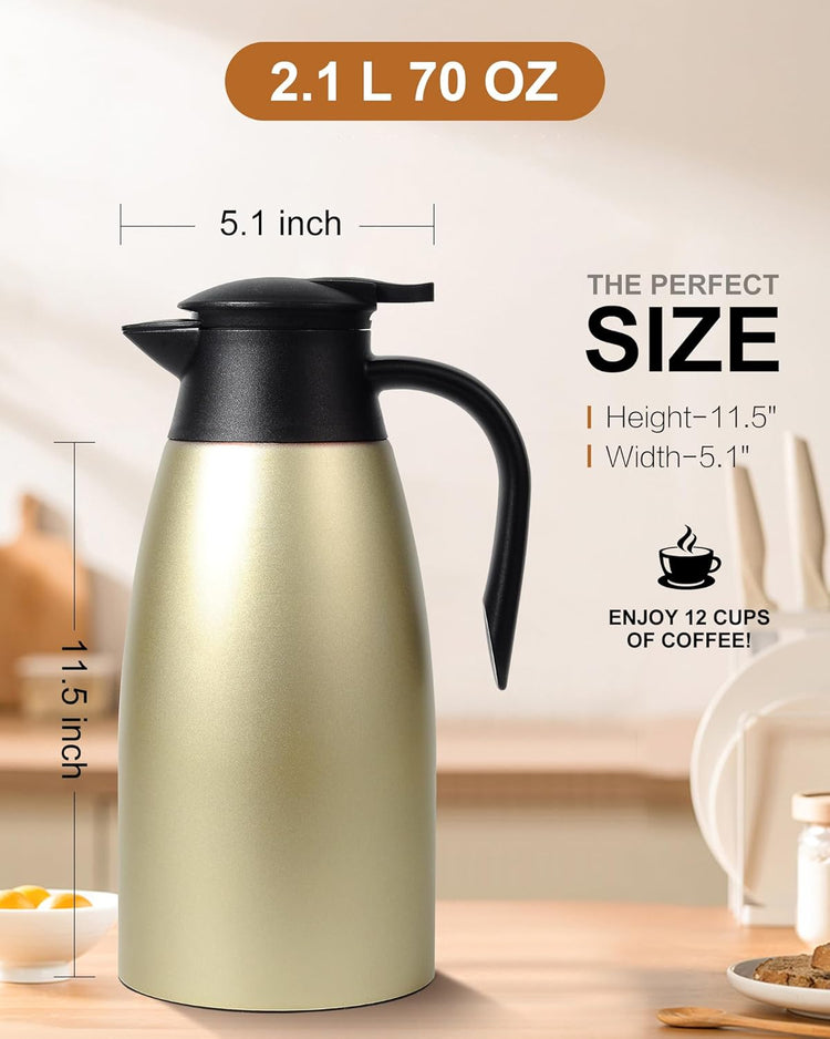 Updated 70 Oz Thermal Coffee Carafe, 2.1L nsulated Stainless Steel Coffee Carafes for Keeping Hot Coffee & Tea Hot Beverage-12Hours, Double Walled Vacuum Coffee Carafe (Gold)