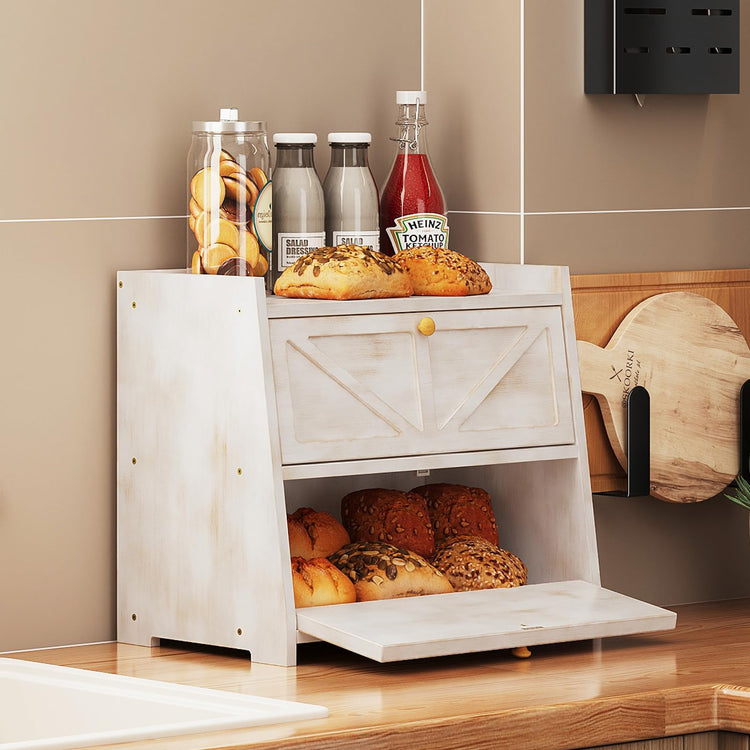 Vintage Double Layer Bread Box for Kitchen Counter Bamboo Bread Storage Container Large Capacity Bread Storage Bin