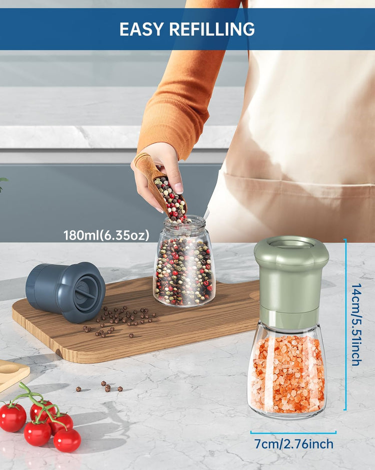 CIRCLE JOY Manual Salt and Pepper Grinder Set For Professional Chef, Refillable Salt and Pepper Shakers with Ceramic Blades, Adjustable Coarseness and BPA-free 180ml Glass Container, Short Green