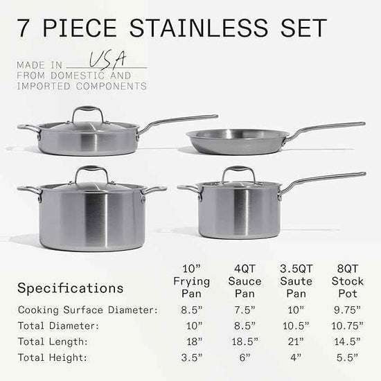 Made In Cookware – 7 Piece Stainless Steel Cookware Set – 5-Ply Stainless Clad – Includes Frying Pan, Saucepan, Saute Pan, Stock Pot – Professional Cookware – Crafted in Italy – Induction Compatible