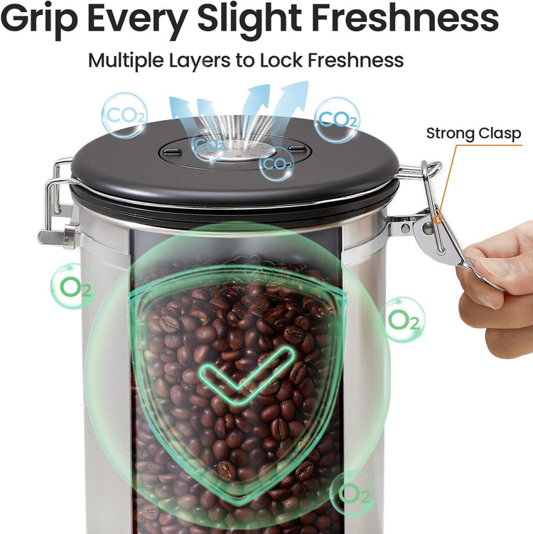Veken Coffee Canister, 39OZ Large, Airtight Stainless Steel Food Storage Container for 2.2lbs Coffee Beans, Ground, Sugar, Tea, Flour, Rice, Cereal, Cookies Jars, Bar Accessories & Gifts, Silver
