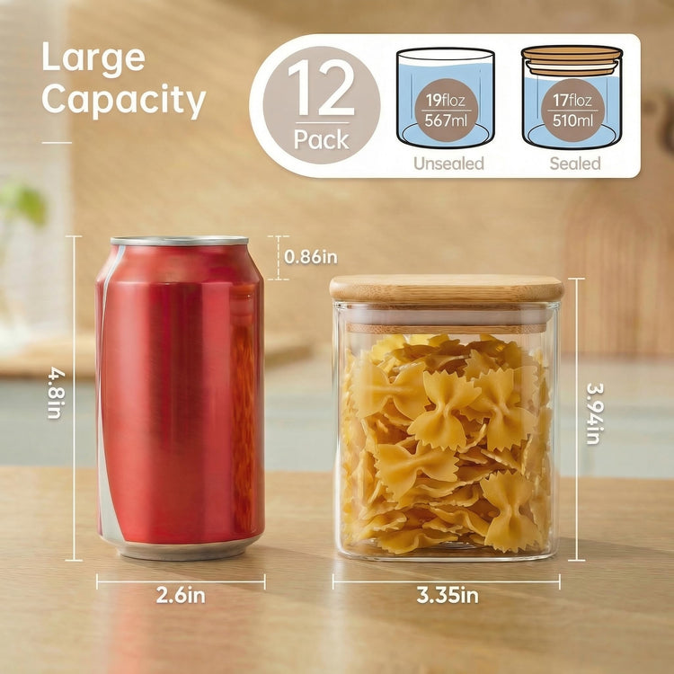 17 oz Square Glass Food Storage Containers with Airtight Bamboo Lids 12Pack (12 Count)