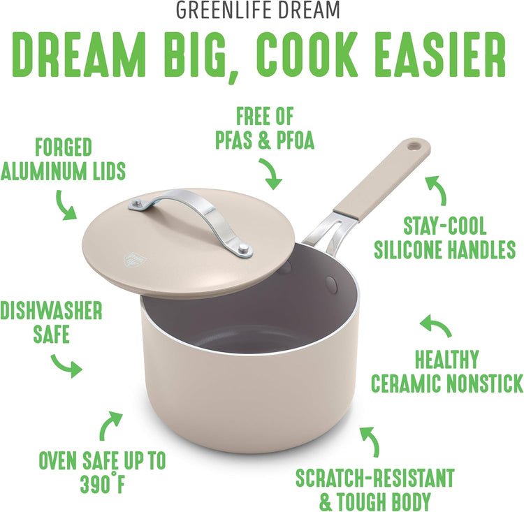 GreenLife 2 Quart Nonstick Saucepan with Lid, Lightweight Healthy PFAS-Free Milk Pan, Dishwasher & Oven Safe Soup Pan, Durable Body, Silicone Stay-Cool Handle, Easy Release Chef’s Pan, Taupe