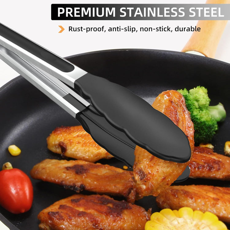 NileHome Tongs for Cooking, Professional Stainless Steel Cooking Tongs – Heat-Resistant for Grilling, BBQ, Serving Salad, Pasta, and Kitchen Use, Dishwasher Safe, Set of 7" 9" 12", Black